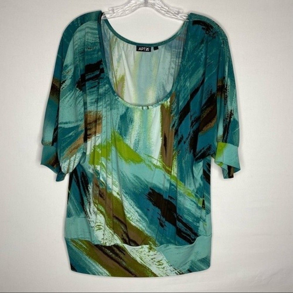 5/$25 Apt 9 Green Brown Teal Short Sleeve Stretch Blouse M - Picture 2 of 9